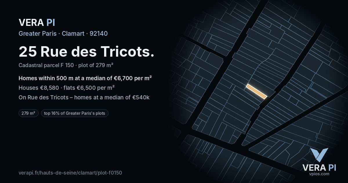 25 Rue des Tricots, Clamart at night – the plot lit, the parcels around coloured by the prices near them