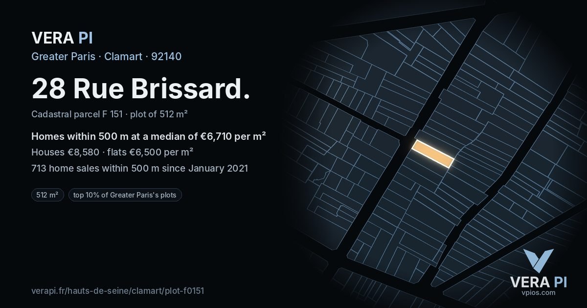 28 Rue Brissard, Clamart at night – the plot lit, the parcels around coloured by the prices near them