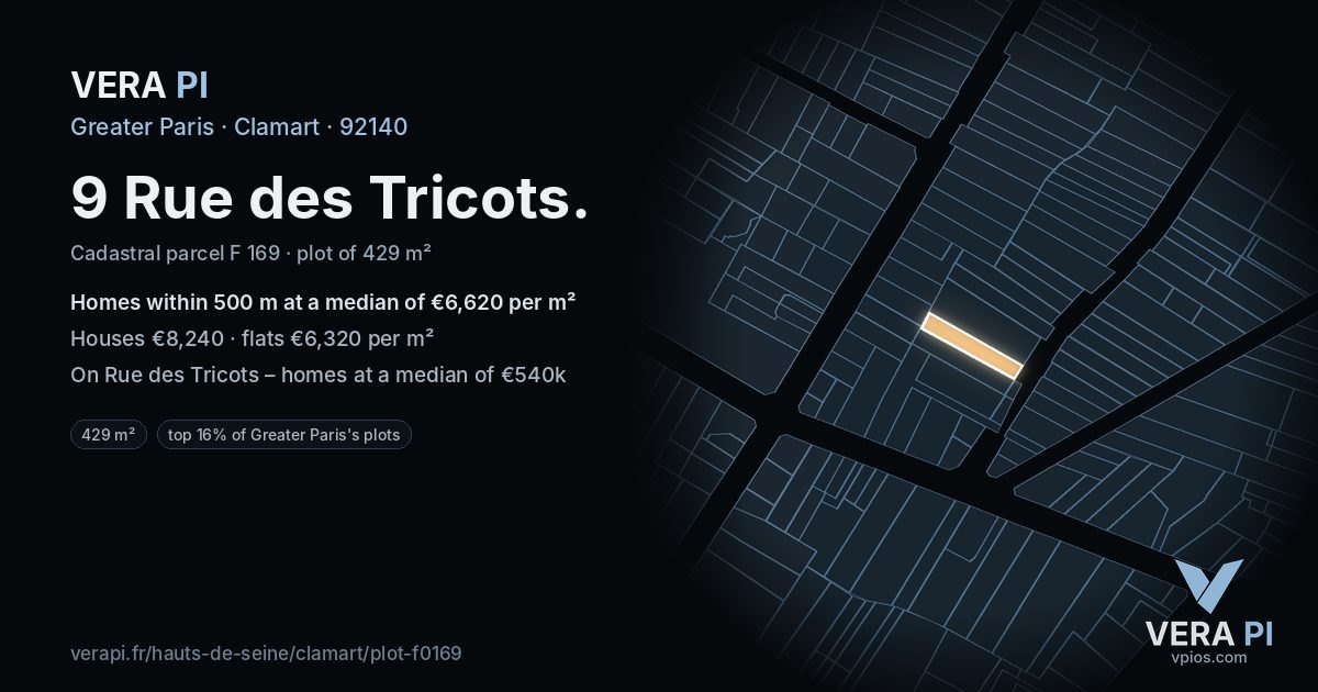 9 Rue des Tricots, Clamart at night – the plot lit, the parcels around coloured by the prices near them