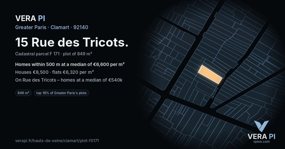 15 Rue des Tricots, Clamart at night – the plot lit, the parcels around coloured by the prices near them