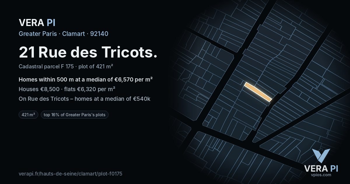 21 Rue des Tricots, Clamart at night – the plot lit, the parcels around coloured by the prices near them
