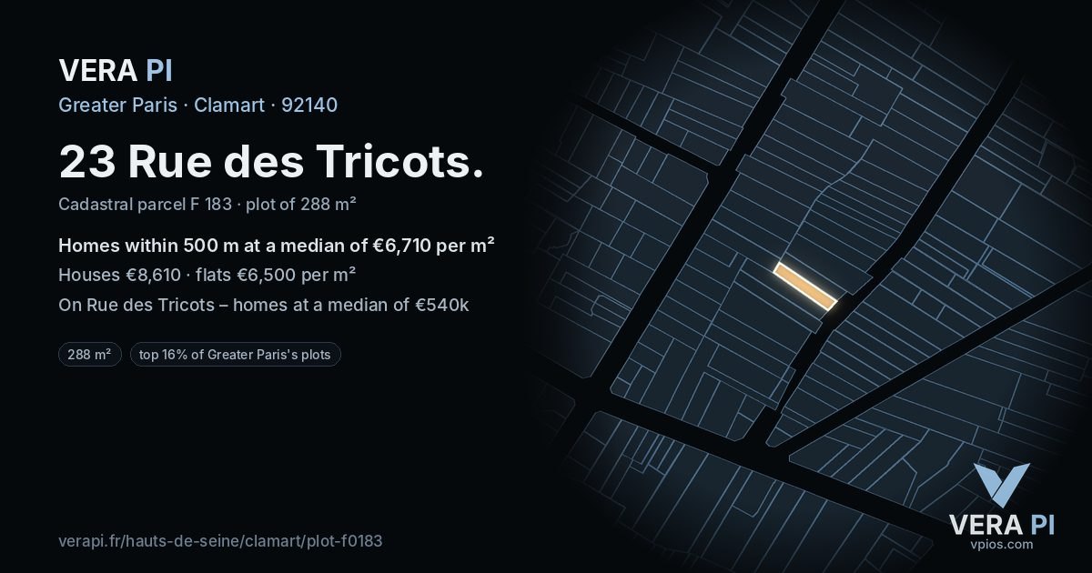 23 Rue des Tricots, Clamart at night – the plot lit, the parcels around coloured by the prices near them