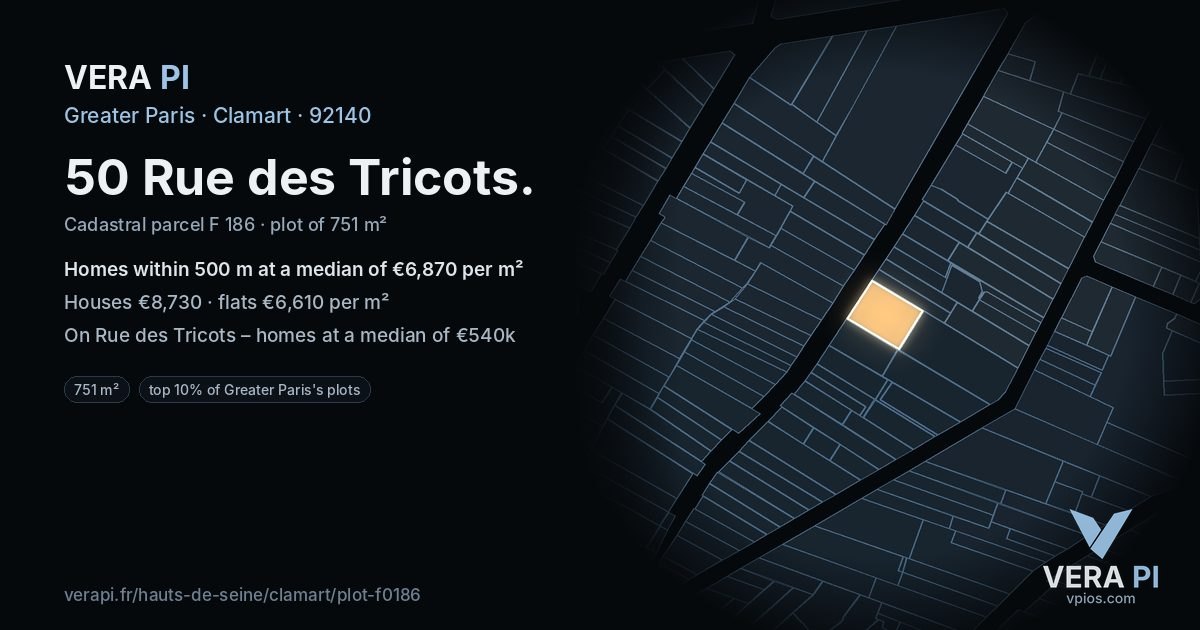 50 Rue des Tricots, Clamart at night – the plot lit, the parcels around coloured by the prices near them