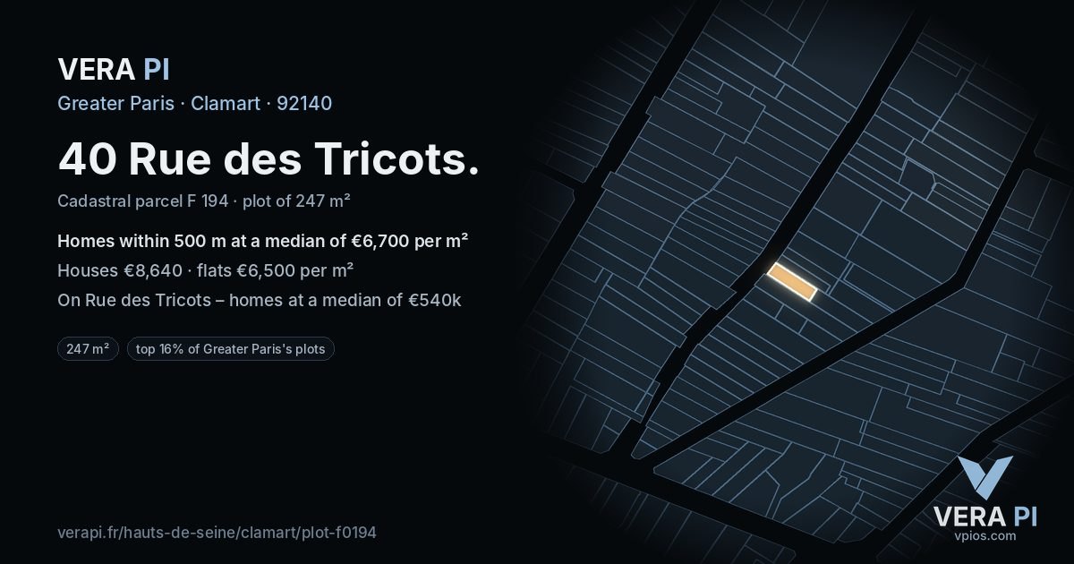 40 Rue des Tricots, Clamart at night – the plot lit, the parcels around coloured by the prices near them
