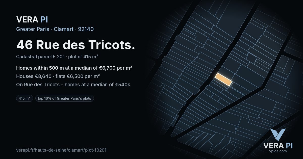 46 Rue des Tricots, Clamart at night – the plot lit, the parcels around coloured by the prices near them