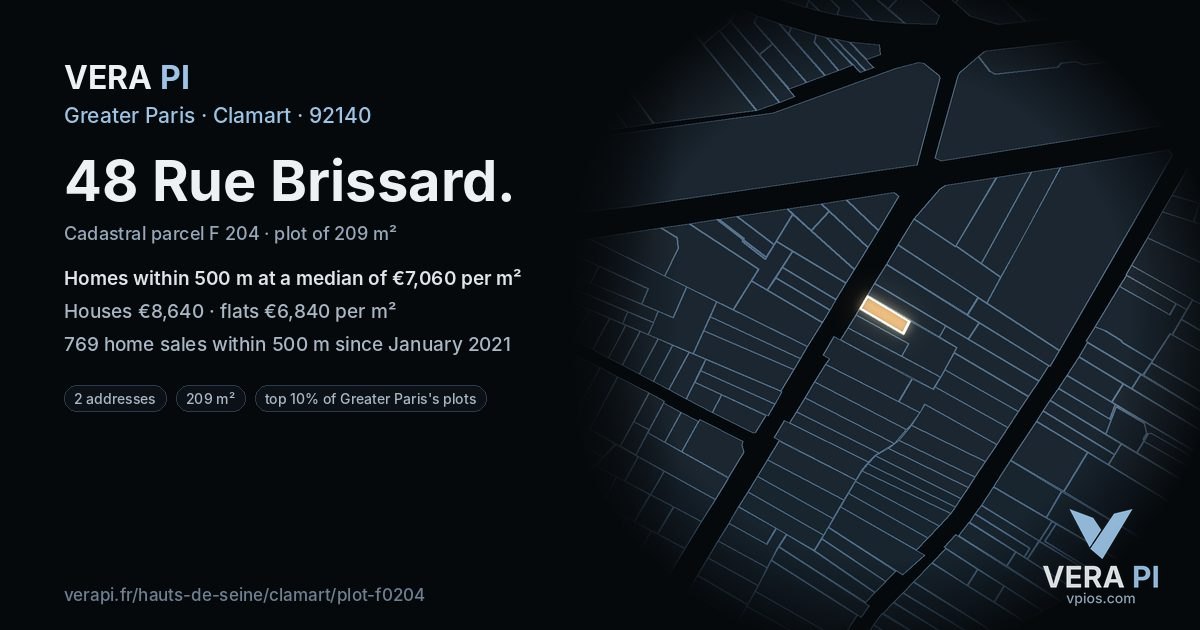48 Rue Brissard, Clamart at night – the plot lit, the parcels around coloured by the prices near them