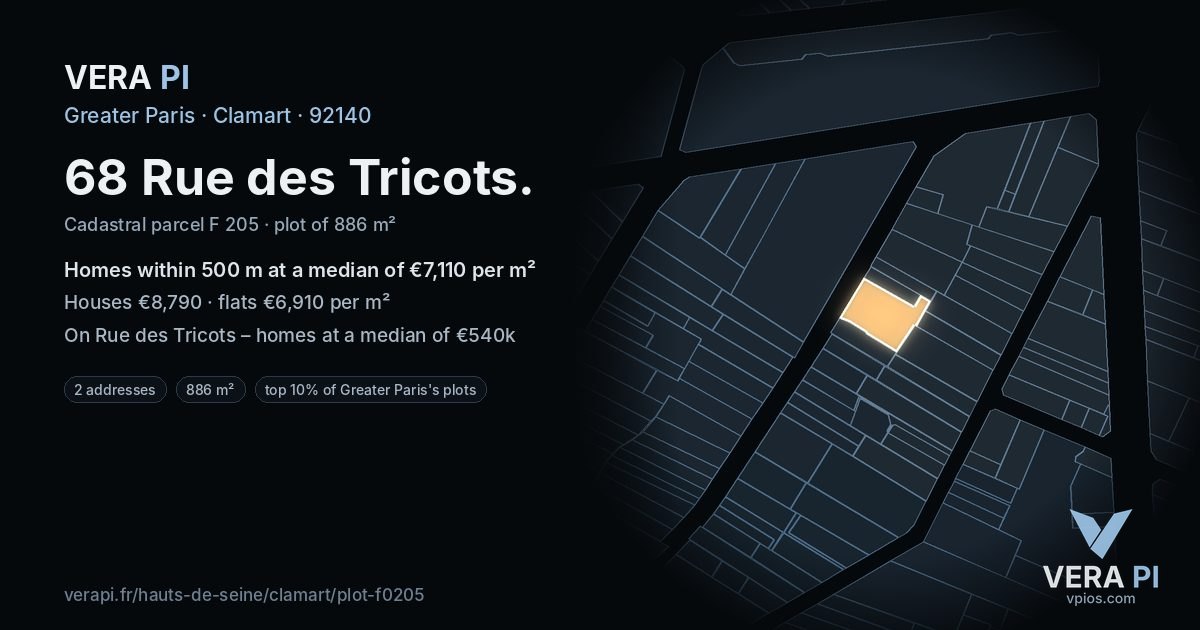68 Rue des Tricots, Clamart at night – the plot lit, the parcels around coloured by the prices near them