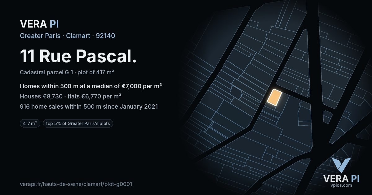 11 Rue Pascal, Clamart at night – the plot lit, the parcels around coloured by the prices near them