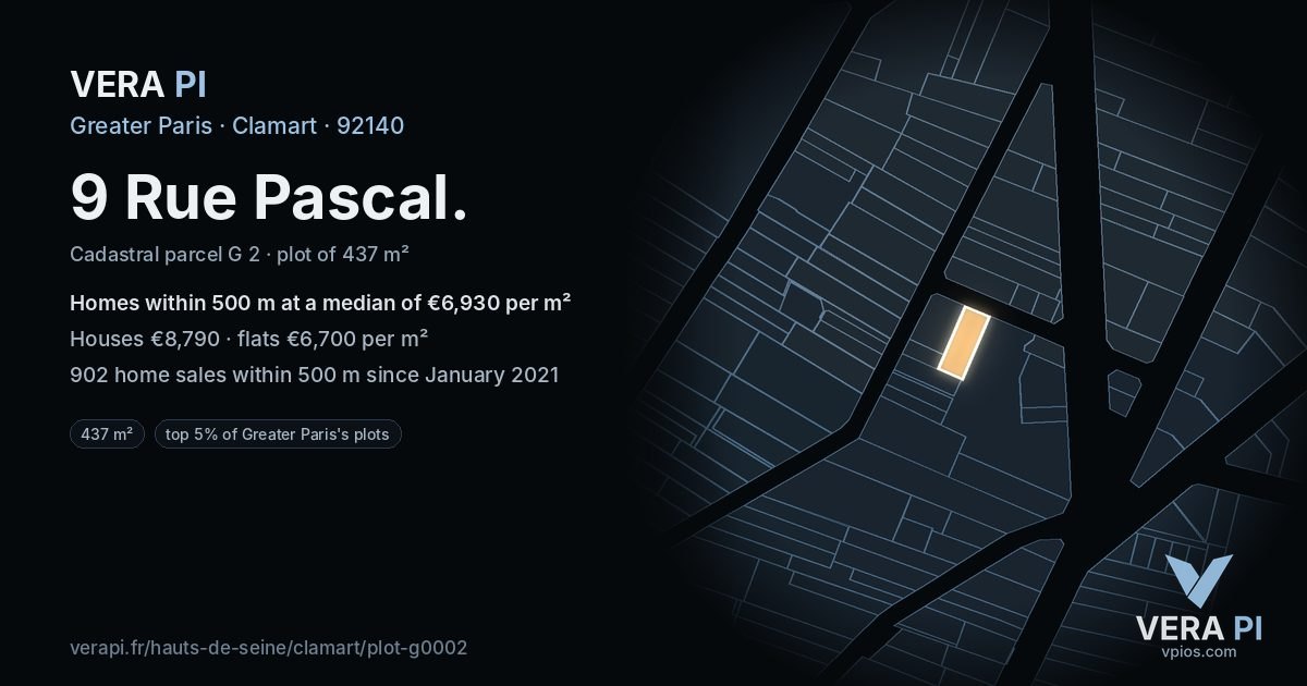 9 Rue Pascal, Clamart at night – the plot lit, the parcels around coloured by the prices near them