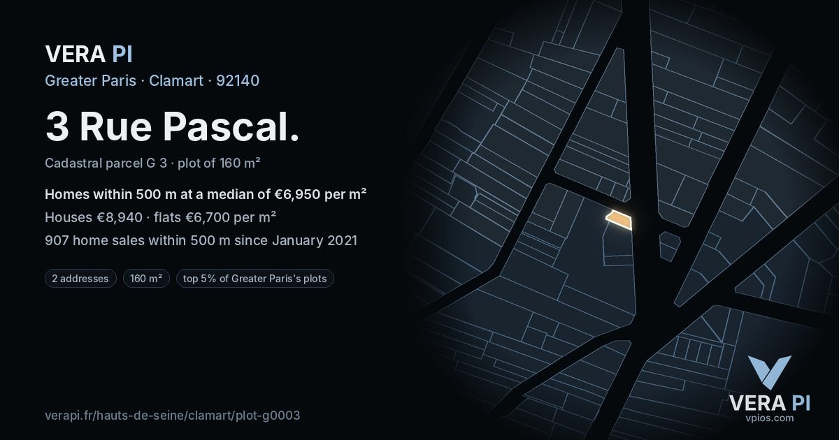 3 Rue Pascal, Clamart at night – the plot lit, the parcels around coloured by the prices near them