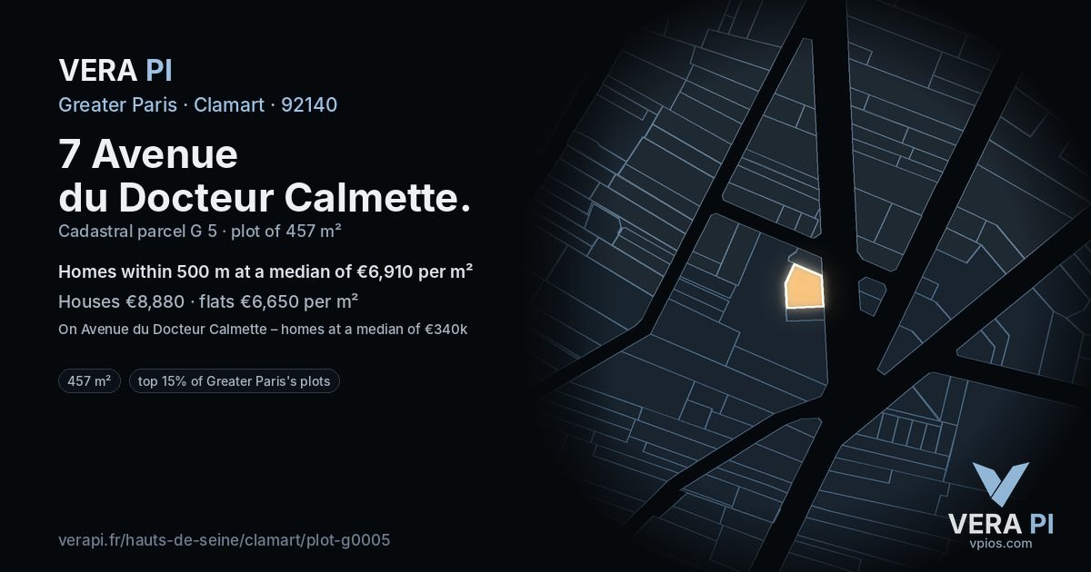 7 Avenue du Docteur Calmette, Clamart at night – the plot lit, the parcels around coloured by the prices near them