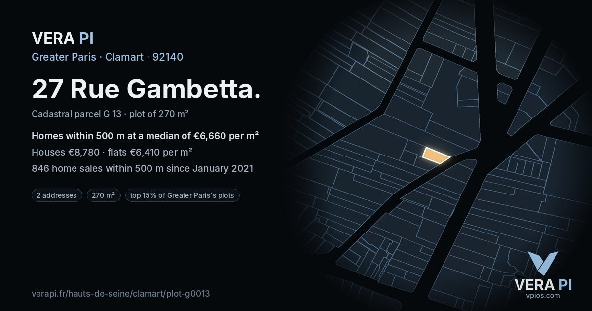 27 Rue Gambetta, Clamart at night – the plot lit, the parcels around coloured by the prices near them