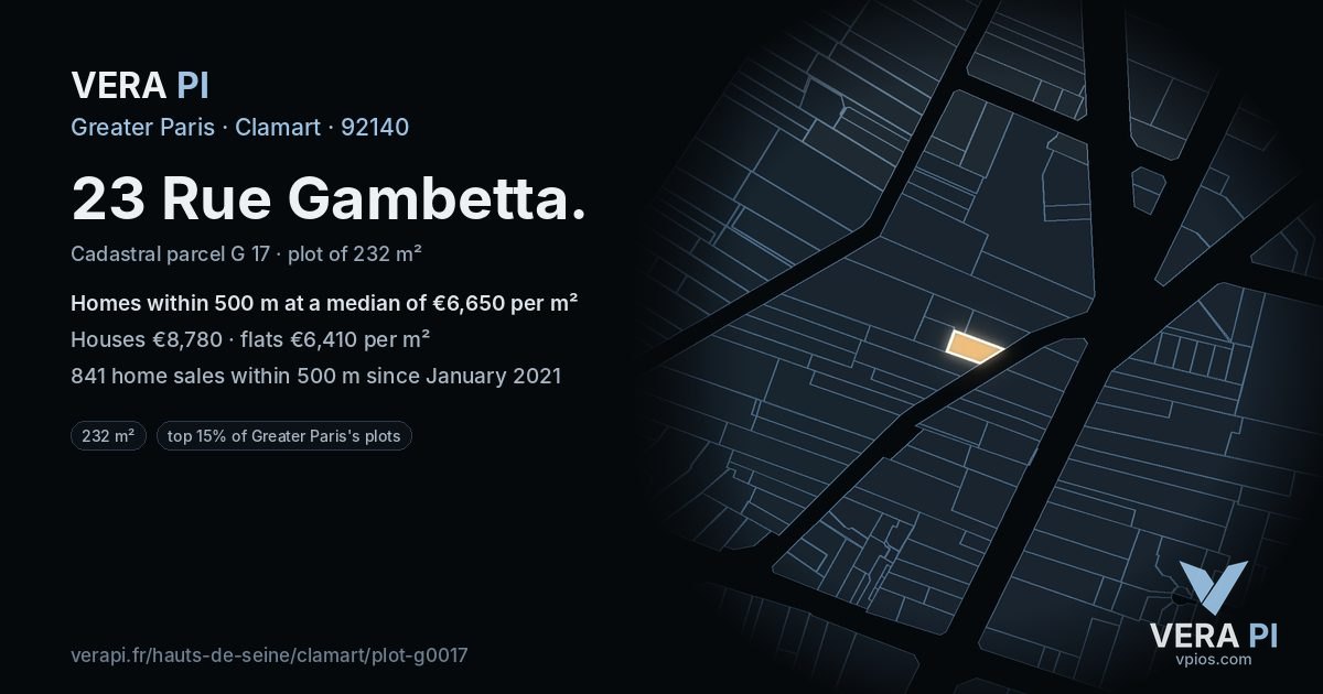23 Rue Gambetta, Clamart at night – the plot lit, the parcels around coloured by the prices near them