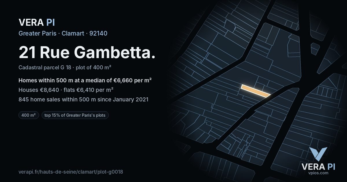 21 Rue Gambetta, Clamart at night – the plot lit, the parcels around coloured by the prices near them