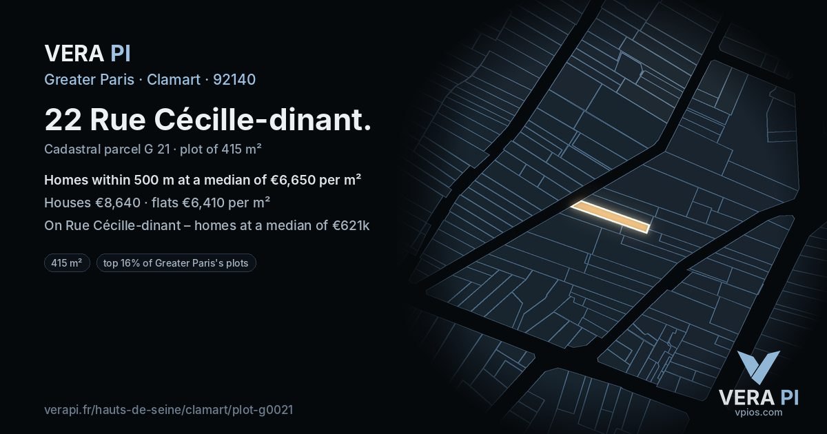 22 Rue Cécille-dinant, Clamart at night – the plot lit, the parcels around coloured by the prices near them