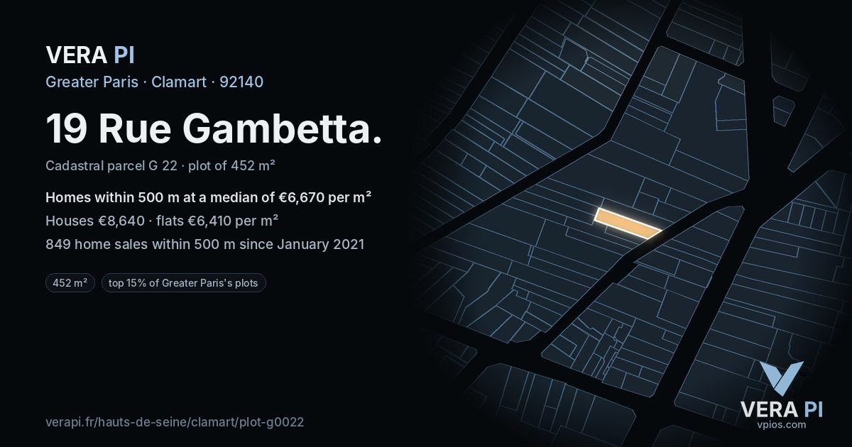 19 Rue Gambetta, Clamart at night – the plot lit, the parcels around coloured by the prices near them