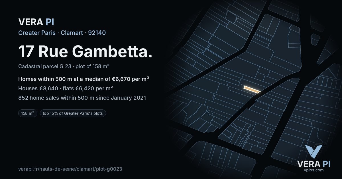 17 Rue Gambetta, Clamart at night – the plot lit, the parcels around coloured by the prices near them
