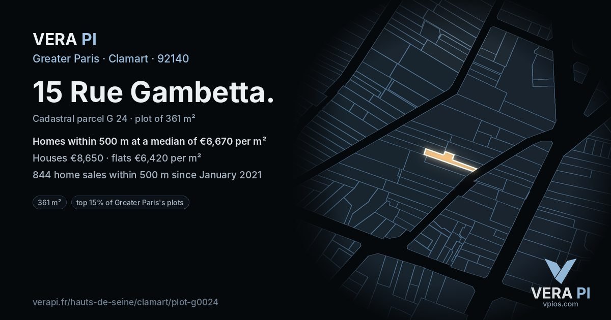 15 Rue Gambetta, Clamart at night – the plot lit, the parcels around coloured by the prices near them