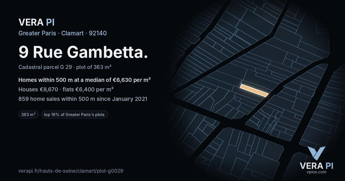 9 Rue Gambetta, Clamart at night – the plot lit, the parcels around coloured by the prices near them