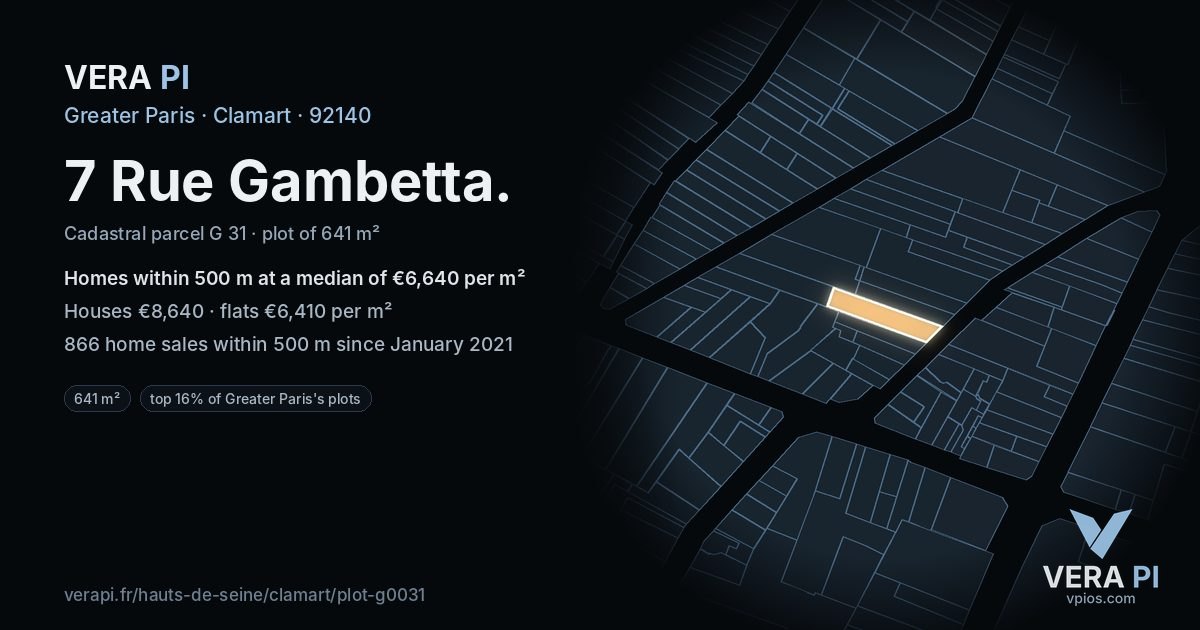 7 Rue Gambetta, Clamart at night – the plot lit, the parcels around coloured by the prices near them