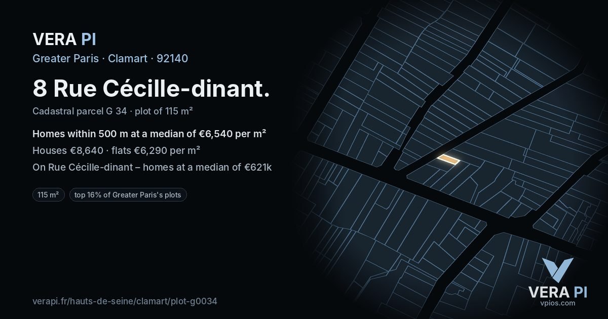 8 Rue Cécille-dinant, Clamart at night – the plot lit, the parcels around coloured by the prices near them