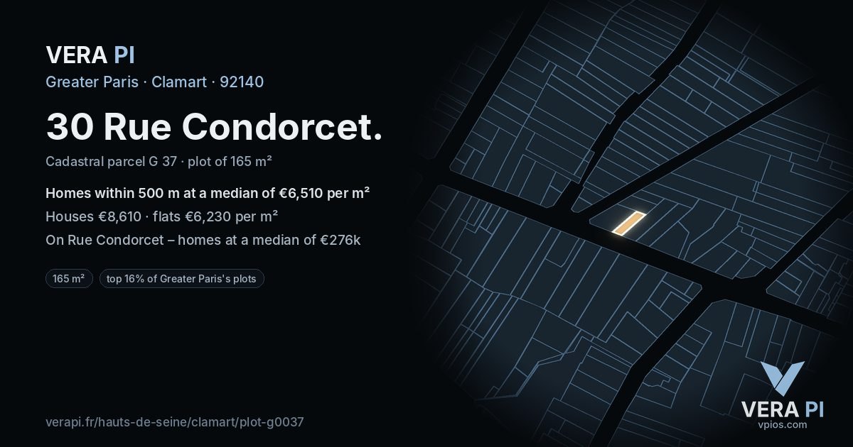 30 Rue Condorcet, Clamart at night – the plot lit, the parcels around coloured by the prices near them
