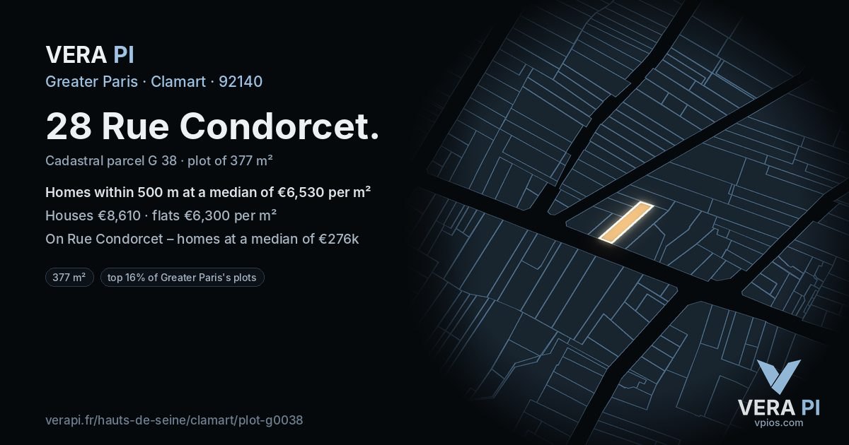 28 Rue Condorcet, Clamart at night – the plot lit, the parcels around coloured by the prices near them