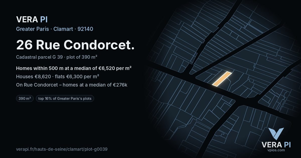 26 Rue Condorcet, Clamart at night – the plot lit, the parcels around coloured by the prices near them