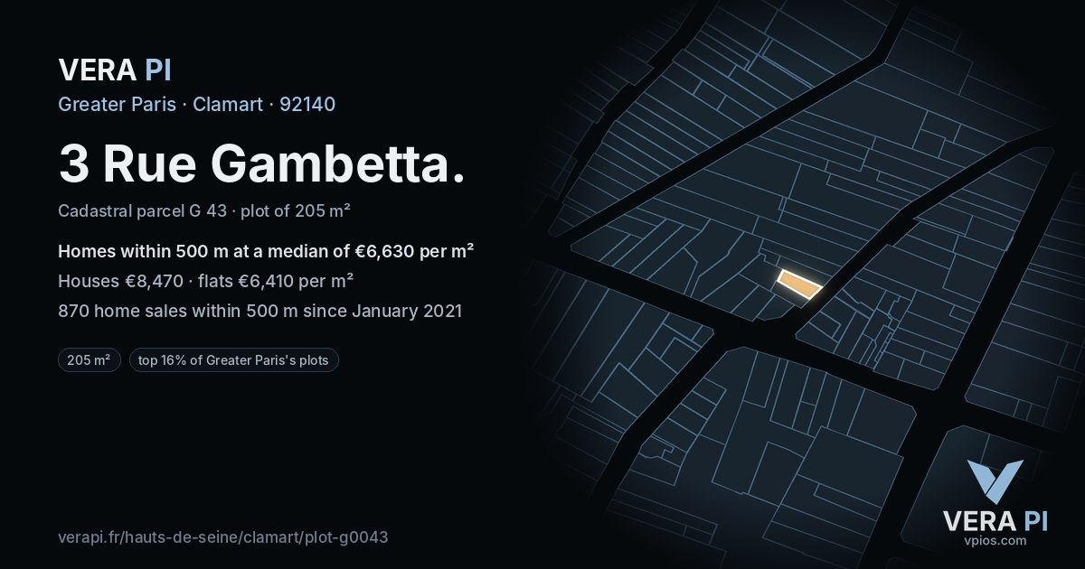 3 Rue Gambetta, Clamart at night – the plot lit, the parcels around coloured by the prices near them