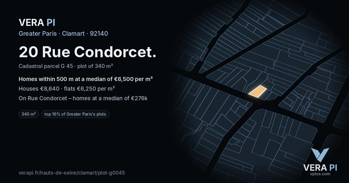 20 Rue Condorcet, Clamart at night – the plot lit, the parcels around coloured by the prices near them