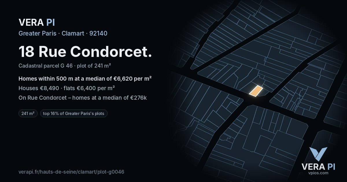 18 Rue Condorcet, Clamart at night – the plot lit, the parcels around coloured by the prices near them