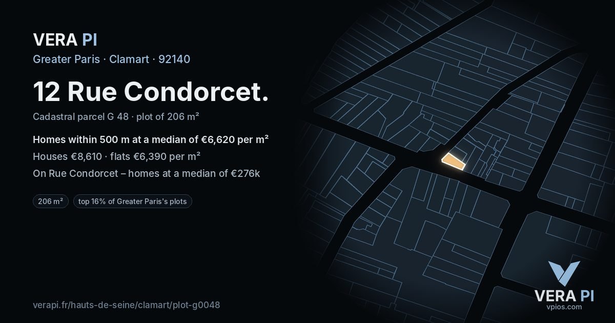 12 Rue Condorcet, Clamart at night – the plot lit, the parcels around coloured by the prices near them