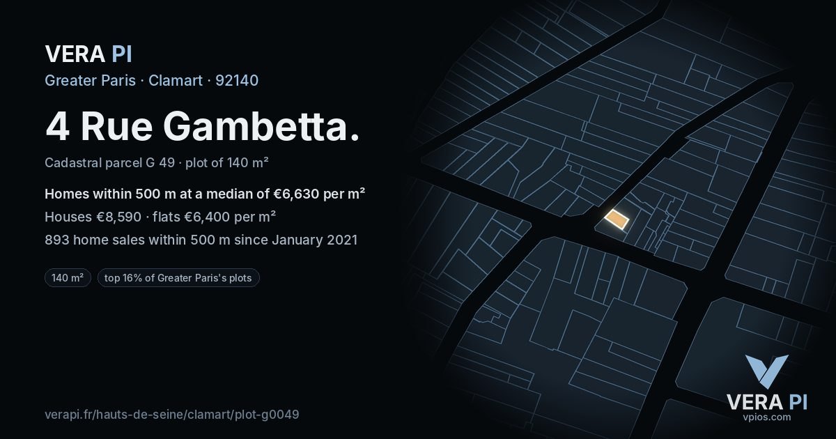4 Rue Gambetta, Clamart at night – the plot lit, the parcels around coloured by the prices near them