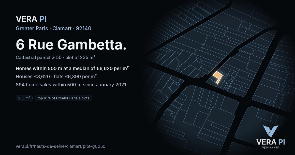 6 Rue Gambetta, Clamart at night – the plot lit, the parcels around coloured by the prices near them