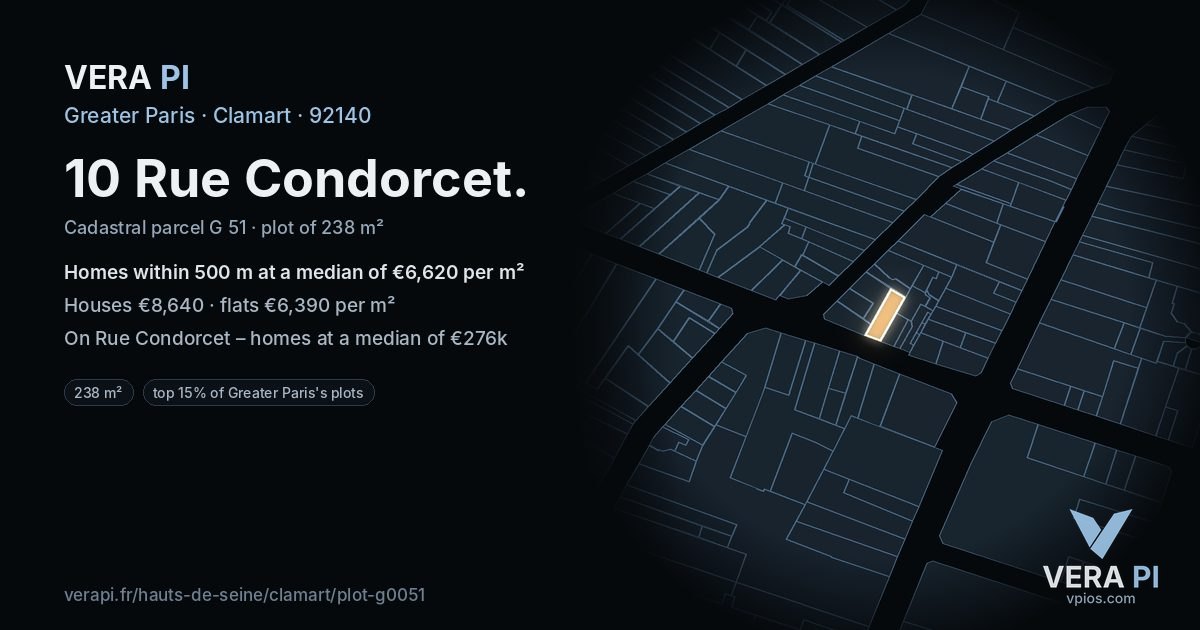 10 Rue Condorcet, Clamart at night – the plot lit, the parcels around coloured by the prices near them