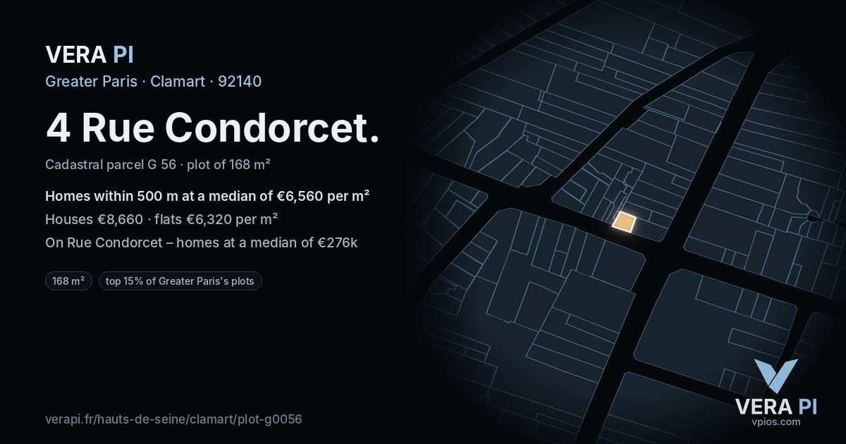 4 Rue Condorcet, Clamart at night – the plot lit, the parcels around coloured by the prices near them