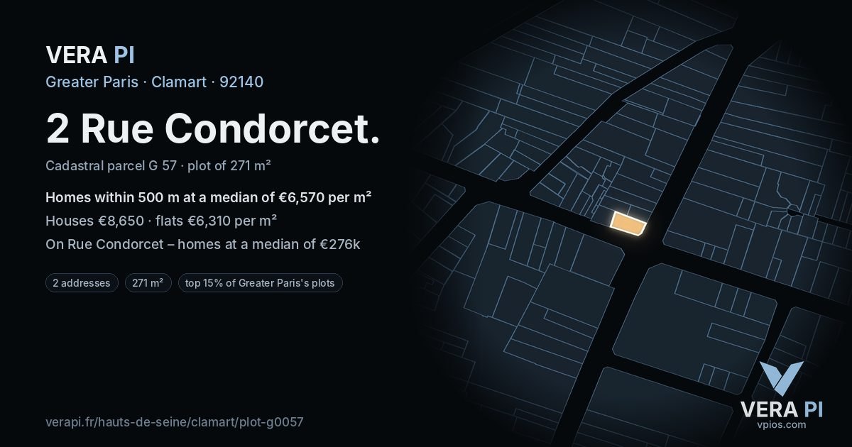 2 Rue Condorcet, Clamart at night – the plot lit, the parcels around coloured by the prices near them