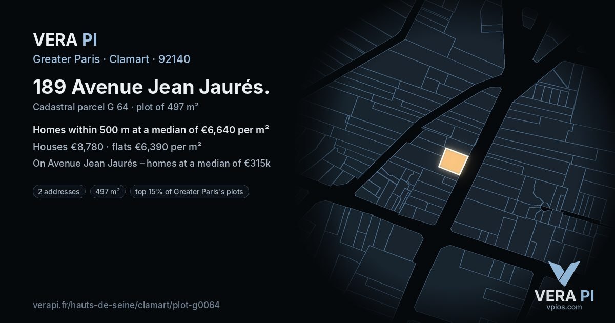 189 Avenue Jean Jaurés, Clamart at night – the plot lit, the parcels around coloured by the prices near them
