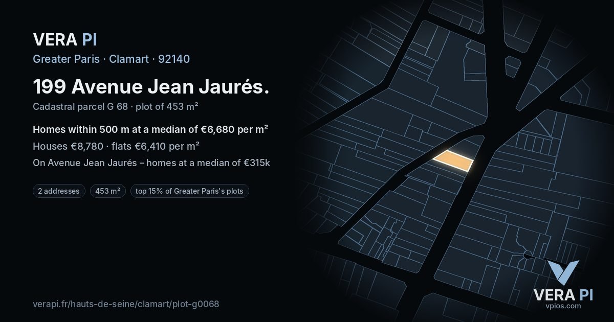 199 Avenue Jean Jaurés, Clamart at night – the plot lit, the parcels around coloured by the prices near them