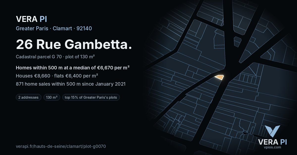 26 Rue Gambetta, Clamart at night – the plot lit, the parcels around coloured by the prices near them