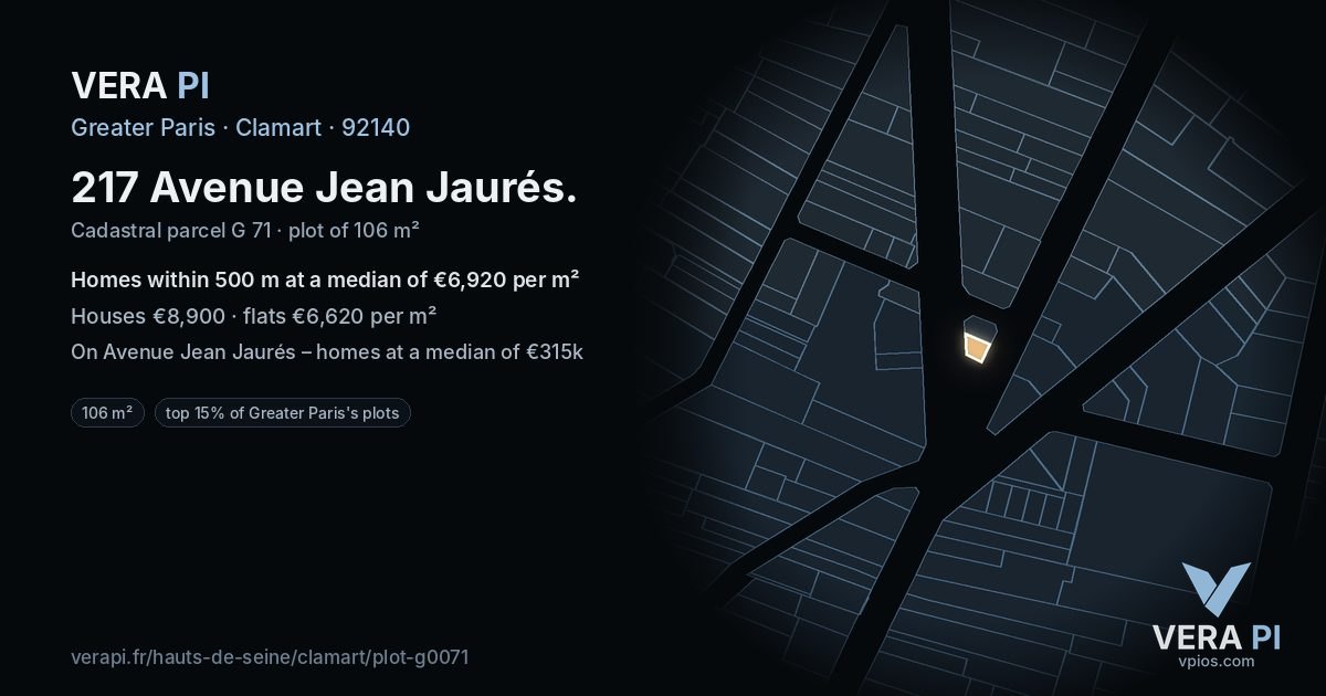 217 Avenue Jean Jaurés, Clamart at night – the plot lit, the parcels around coloured by the prices near them