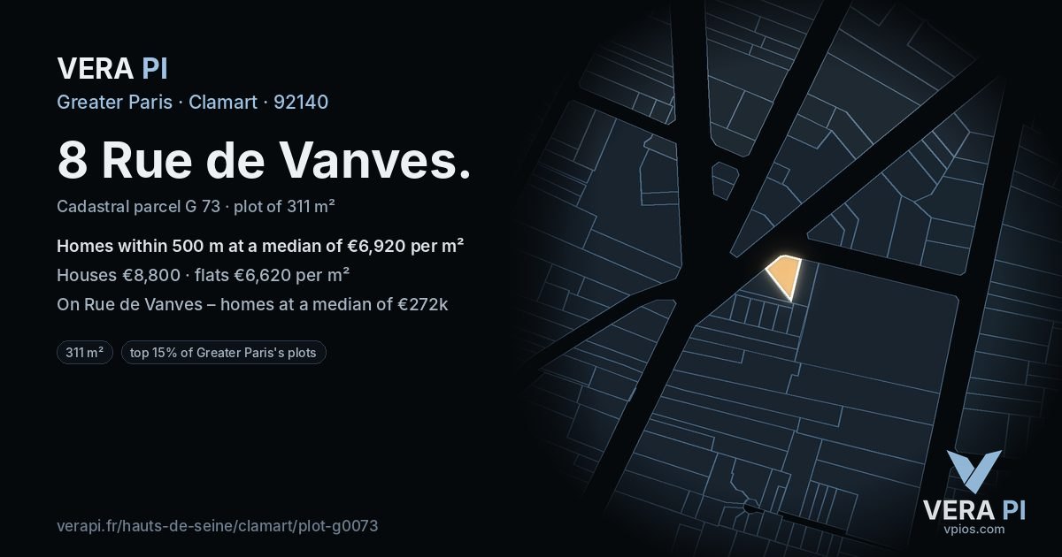 8 Rue de Vanves, Clamart at night – the plot lit, the parcels around coloured by the prices near them