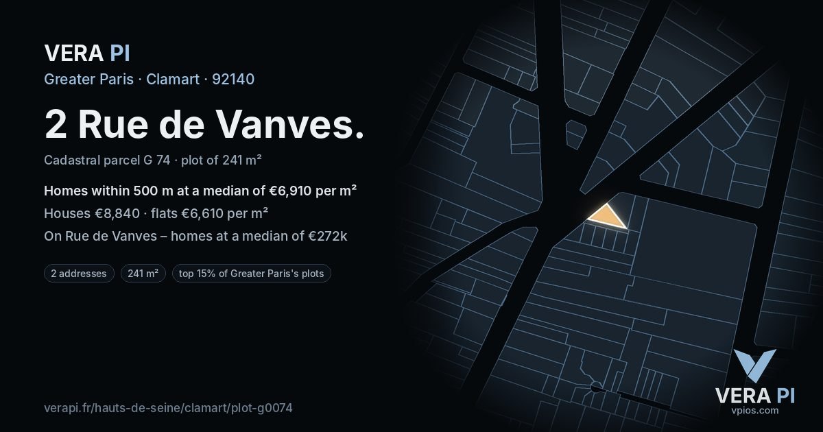 2 Rue de Vanves, Clamart at night – the plot lit, the parcels around coloured by the prices near them