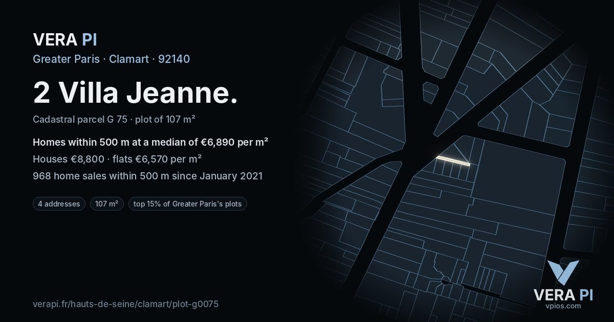 2 Villa Jeanne, Clamart at night – the plot lit, the parcels around coloured by the prices near them