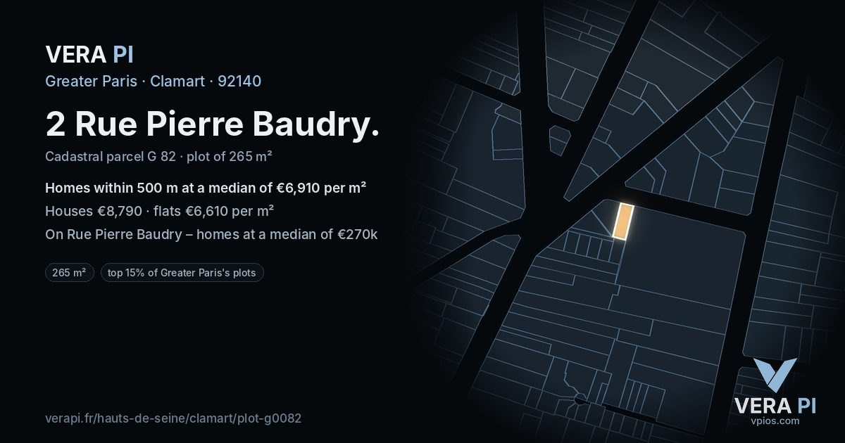 2 Rue Pierre Baudry, Clamart at night – the plot lit, the parcels around coloured by the prices near them