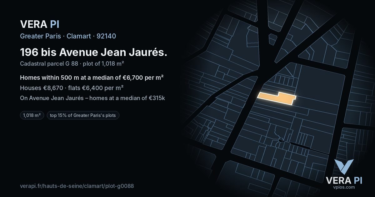 196 bis Avenue Jean Jaurés, Clamart at night – the plot lit, the parcels around coloured by the prices near them