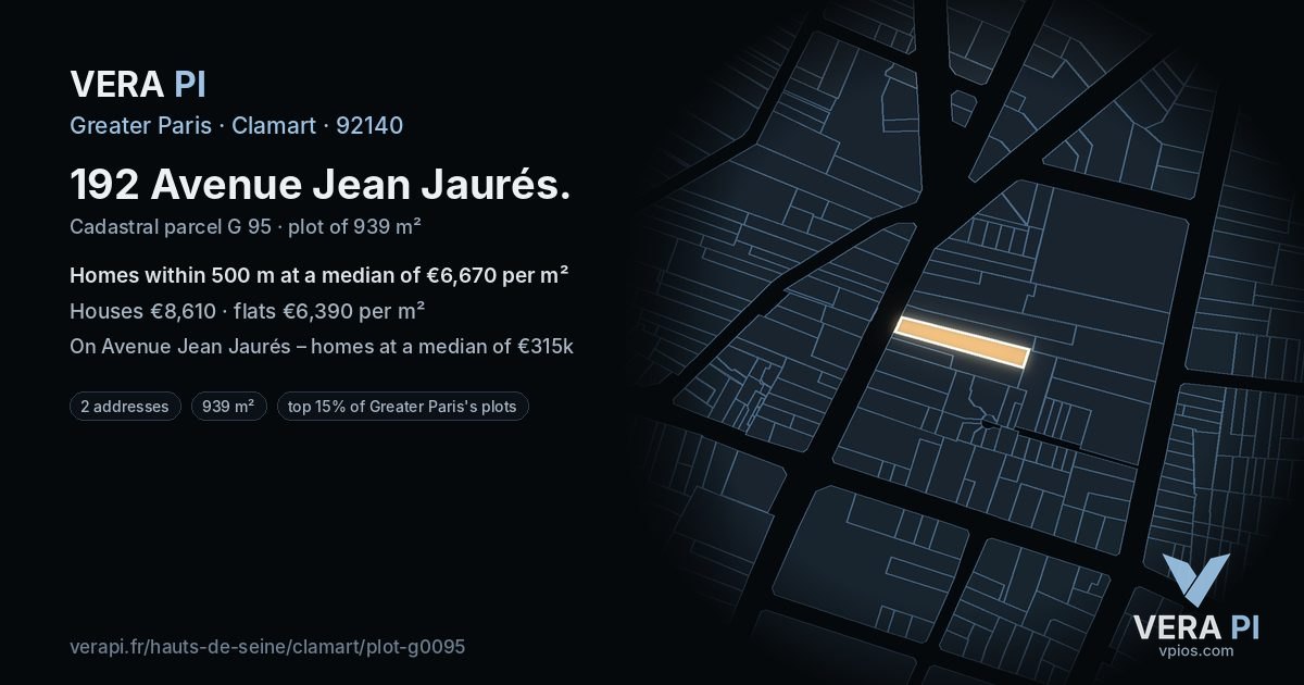 192 Avenue Jean Jaurés, Clamart at night – the plot lit, the parcels around coloured by the prices near them