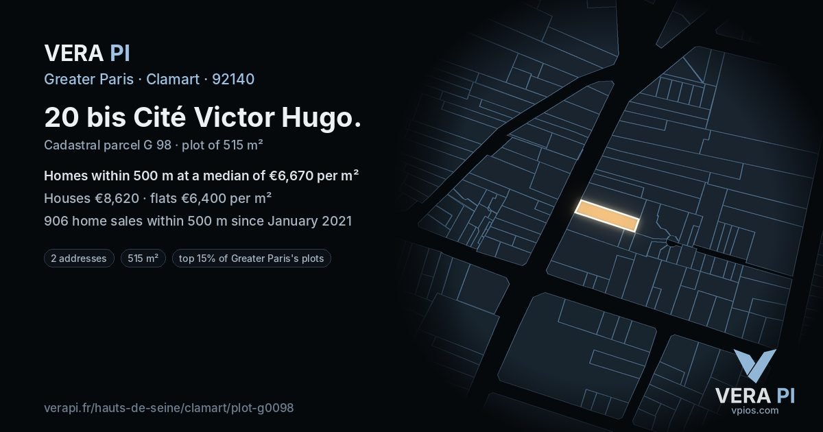 20 bis Cité Victor Hugo, Clamart at night – the plot lit, the parcels around coloured by the prices near them