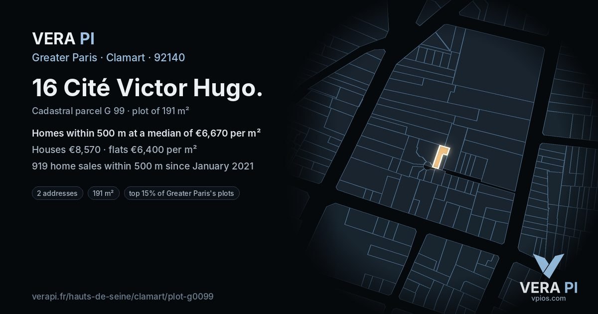 16 Cité Victor Hugo, Clamart at night – the plot lit, the parcels around coloured by the prices near them