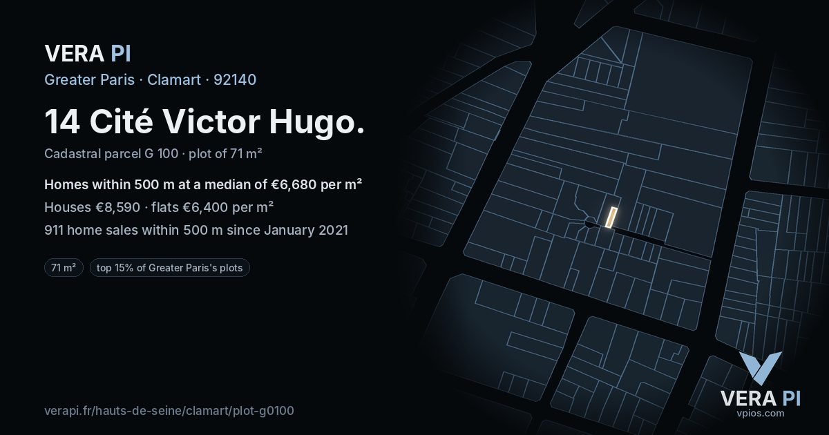 14 Cité Victor Hugo, Clamart at night – the plot lit, the parcels around coloured by the prices near them